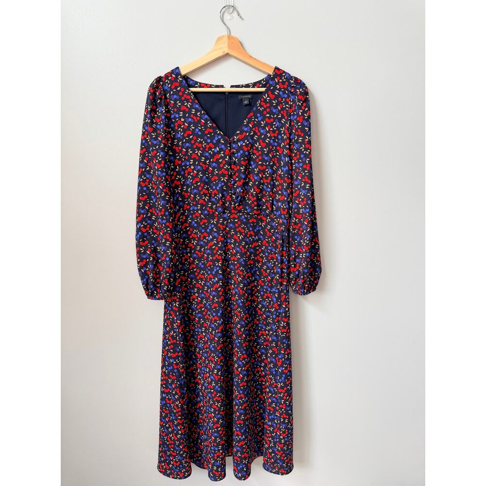 Ann Taylor Berry Print Midi Dress Blue Long Sleeve V-Neck Button Front Size 6